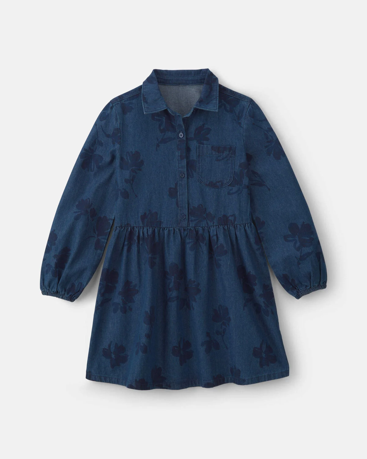 Girls Floral Denim Long-Sleeve Dress - Dark Wash 1 Girls Floral Denim Long-Sleeve Dress - Dark Wash