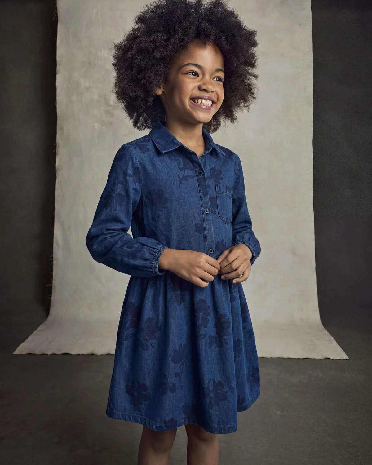 Girls Floral Denim Long-Sleeve Dress - Dark Wash 2 Girls Floral Denim Long-Sleeve Dress - Dark Wash