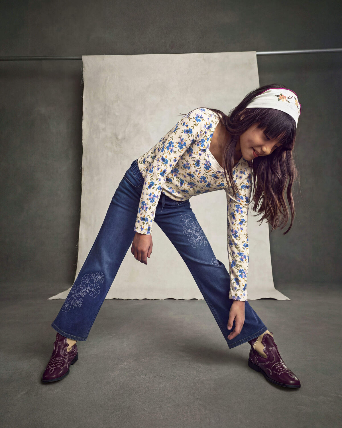 Girls Floral Denim Wide-Leg Jeans - Dark Wash