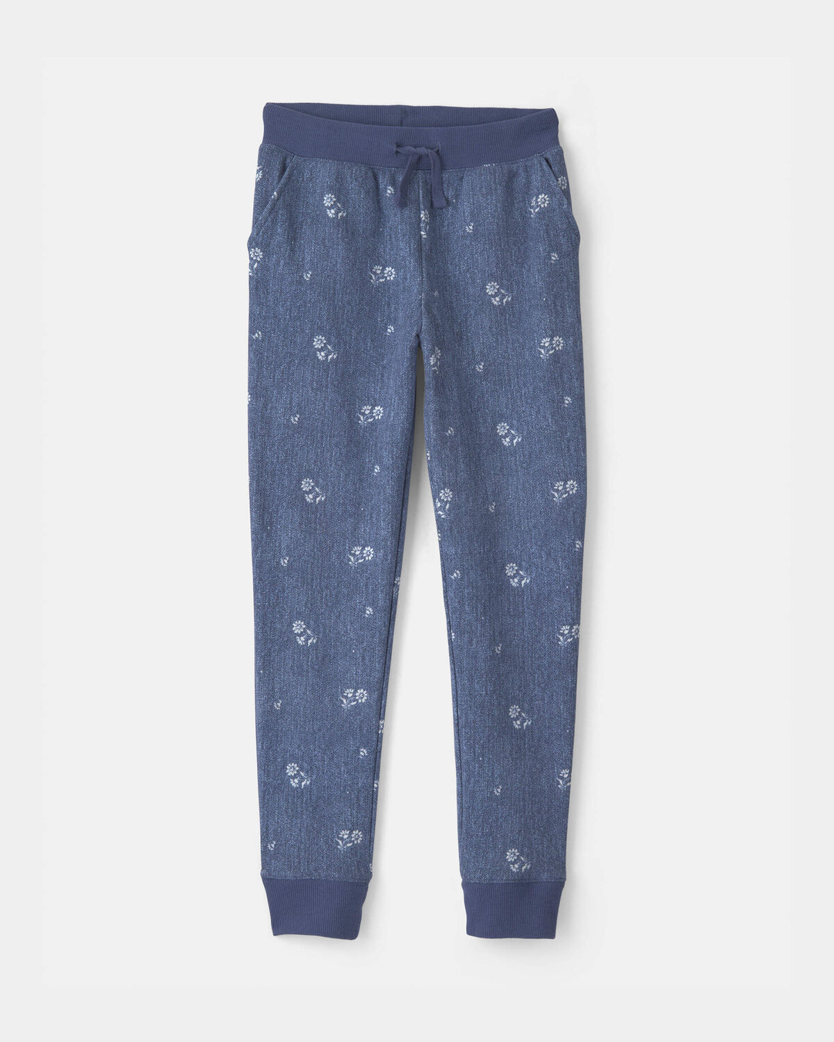Girls Floral Drawstring Knit Joggers - Blue 1 Girls Floral Drawstring Knit Joggers - Blue
