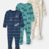 Baby Boy 3-Pack Racecar 100% Cotton 1-Piece Pajama Sets - Green/Blue/Cream