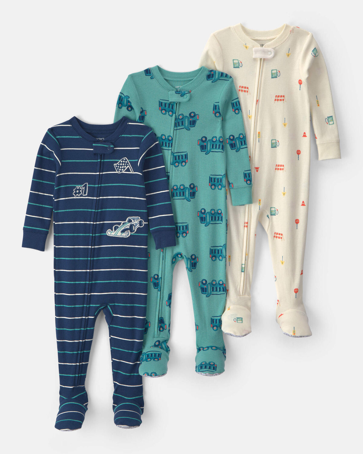 Baby Boy 3-Pack Racecar 100% Cotton 1-Piece Pajama Sets - Green/Blue/Cream 1 Baby Boy 3-Pack Racecar 100% Cotton 1-Piece Pajama Sets - Green/Blue/Cream