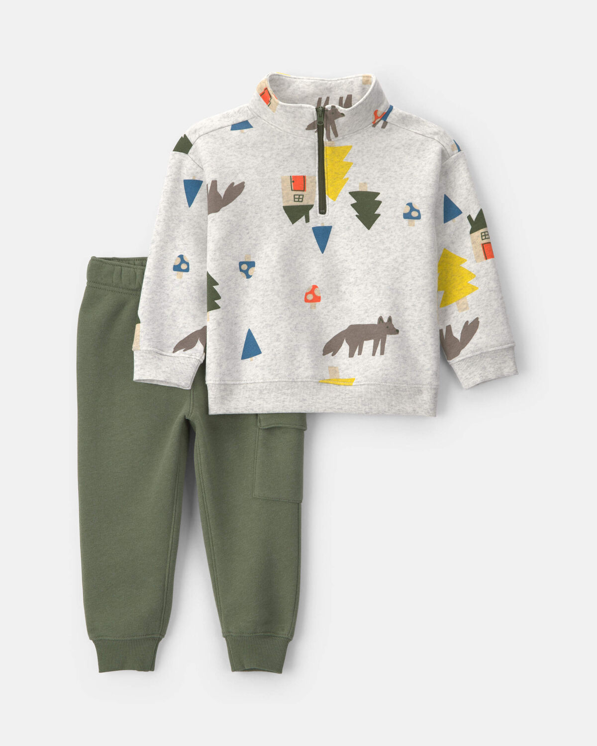 Toddler Boy 2-Piece Fox Fleece Pullover & Pant Set - Grey/Green 1 Toddler Boy 2-Piece Fox Fleece Pullover & Pant Set - Grey/Green