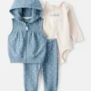 Baby Girl 3-Piece Polka Dot Quilted Little Vest Set - Blue/Ivory
