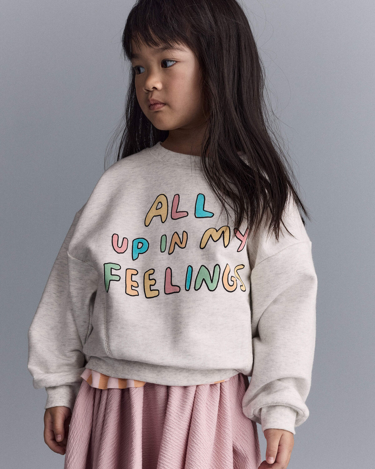 Toddler Girl 'In My Feelings' Wide-Arm Sweatshirt - Heathered Grey