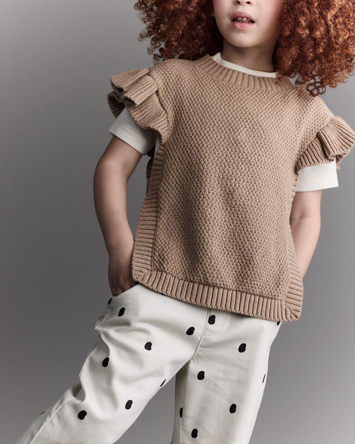 Toddler Girl Ruffle Sweater Vest - Tan 4 Toddler Girl Ruffle Sweater Vest - Tan