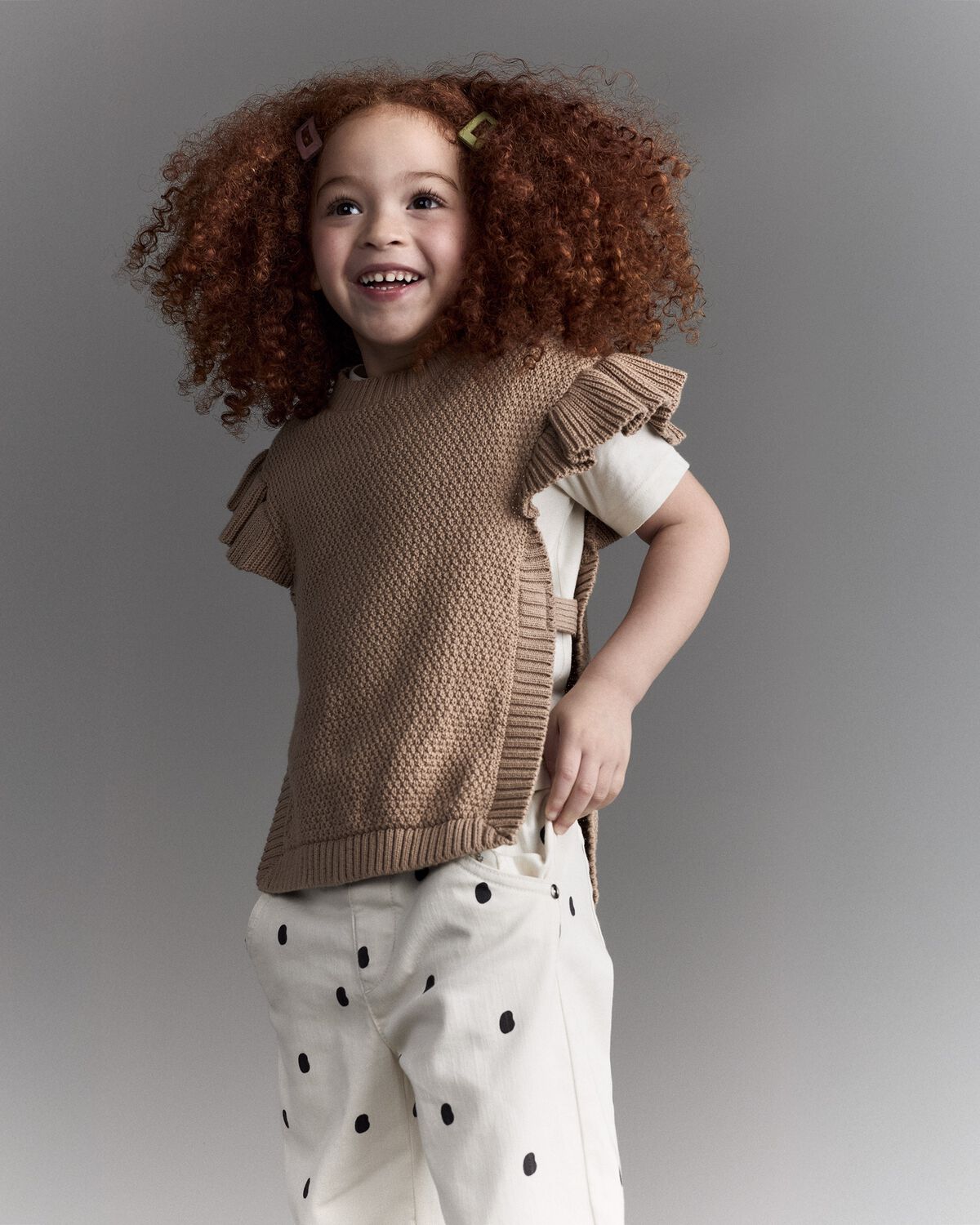 Toddler Girl Ruffle Sweater Vest - Tan 5 Toddler Girl Ruffle Sweater Vest - Tan