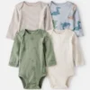 Baby Boy 4-Pack Dragon Star Print Cotton Long-Sleeve Multipack Bodysuits - Blue/White/Green