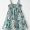 Toddler Girl Smocked Linen Dress Made with Organic Cotton in Blue Hibiscus