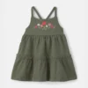 Baby Girl Flower Embroidered Sleeveless Dress - Green