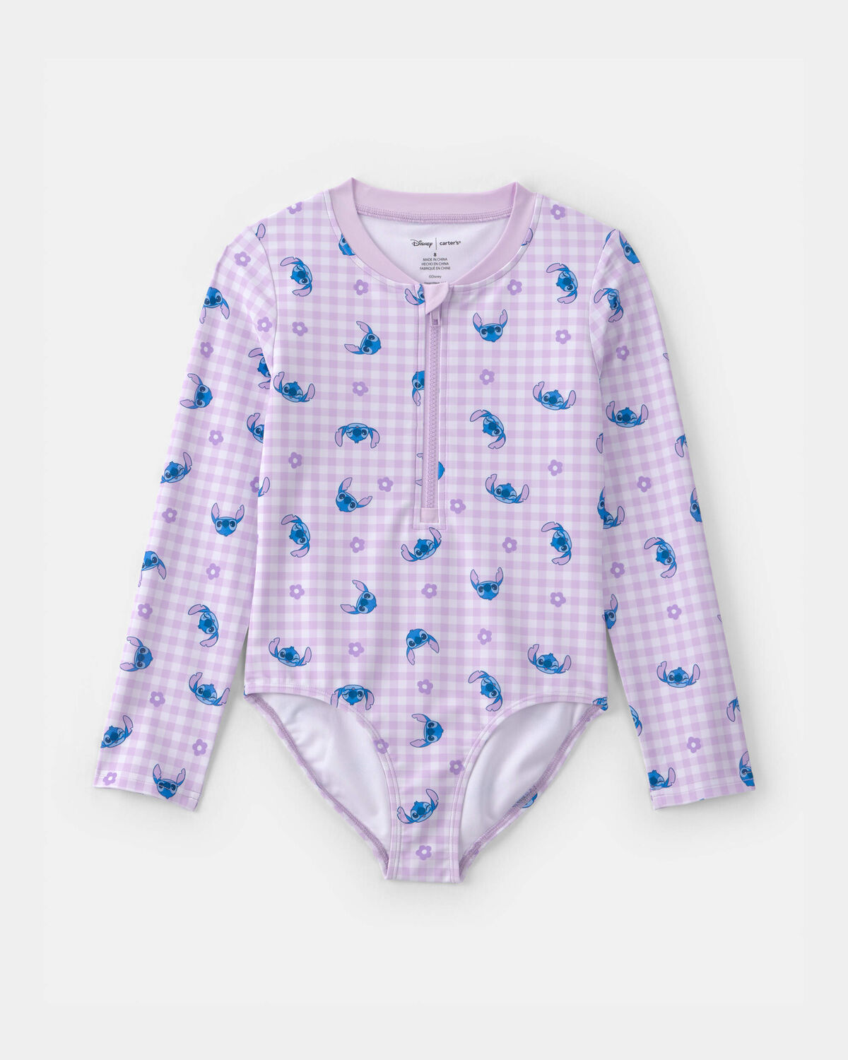 Girls Disney© Lilo & Stitch Gingham 1-Piece Rashguard Swimsuit - Purple/Blue